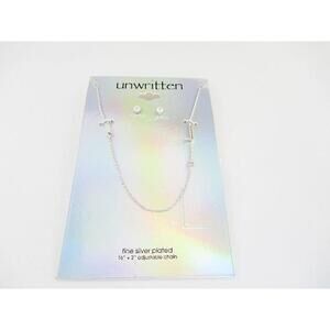 NWT Unwritten 16" + 2" Silver Plated Chain with L Charm and Earrings Set